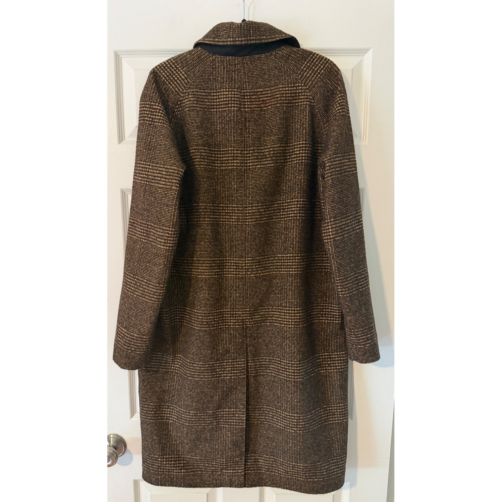 Old Navy Brown Plaid Car Coat Glen Plaid Button Front Women’s M Long Preppy NWOT