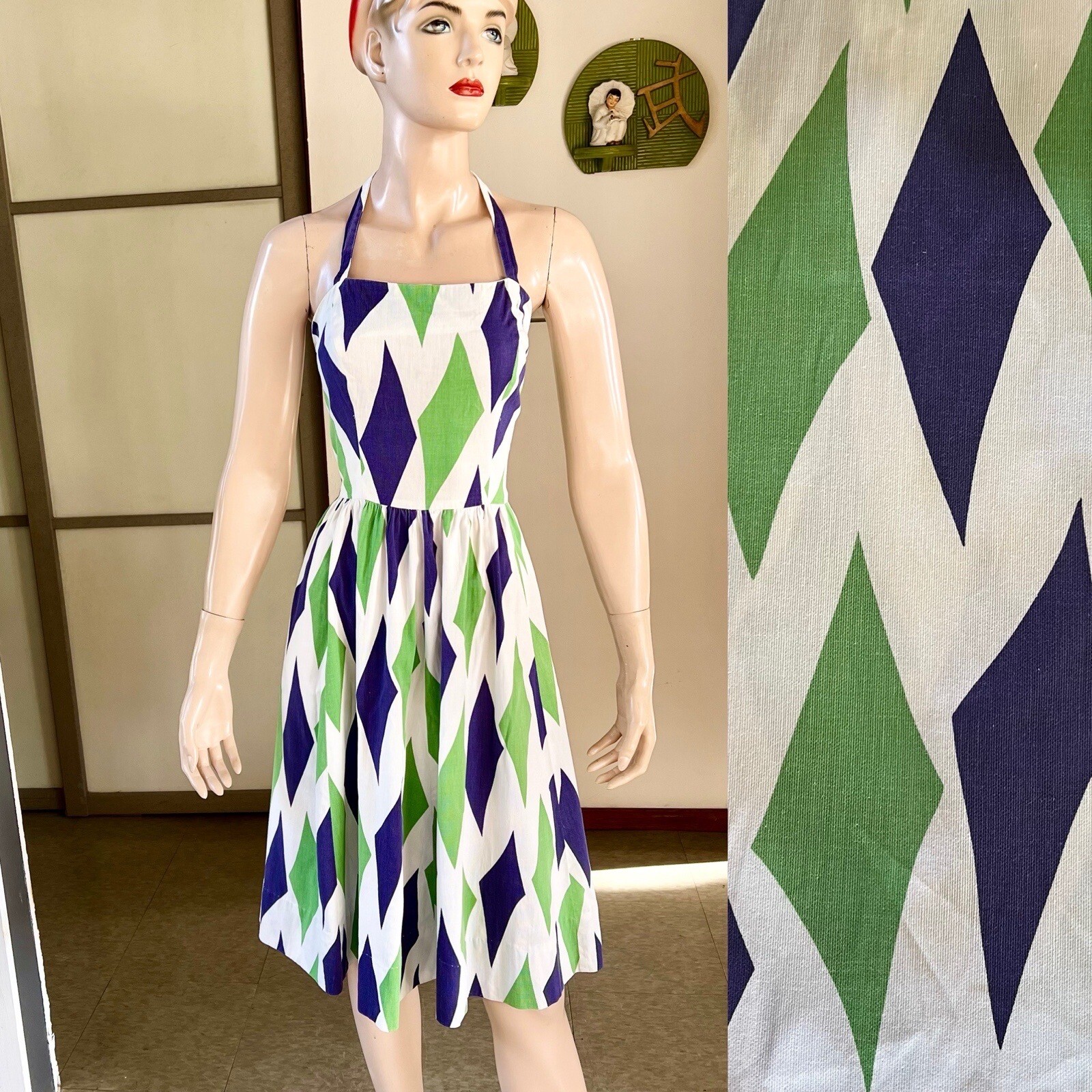 1950s or 60s vintage harlequin print cotton halter sun dress 27w
