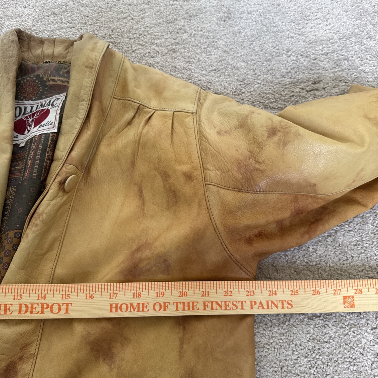 Vintage 70s/80s Tan Leather Jacket Sz S Oversized Ruched Shoulders Knot Details