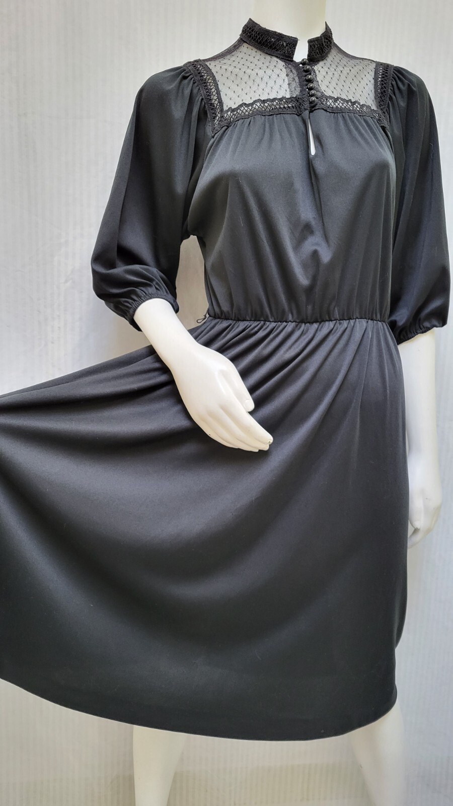 Vintage AMY DEB Black Knit Dress with Mesh Lace Yoke – Size M