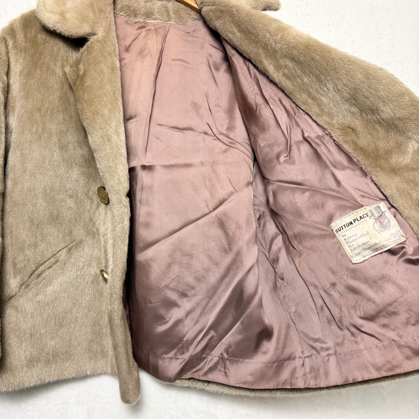 Vintage 60s Sutton Place Faux Fur Coat Taupe Retro Mob Wife M/L Old Money Indie