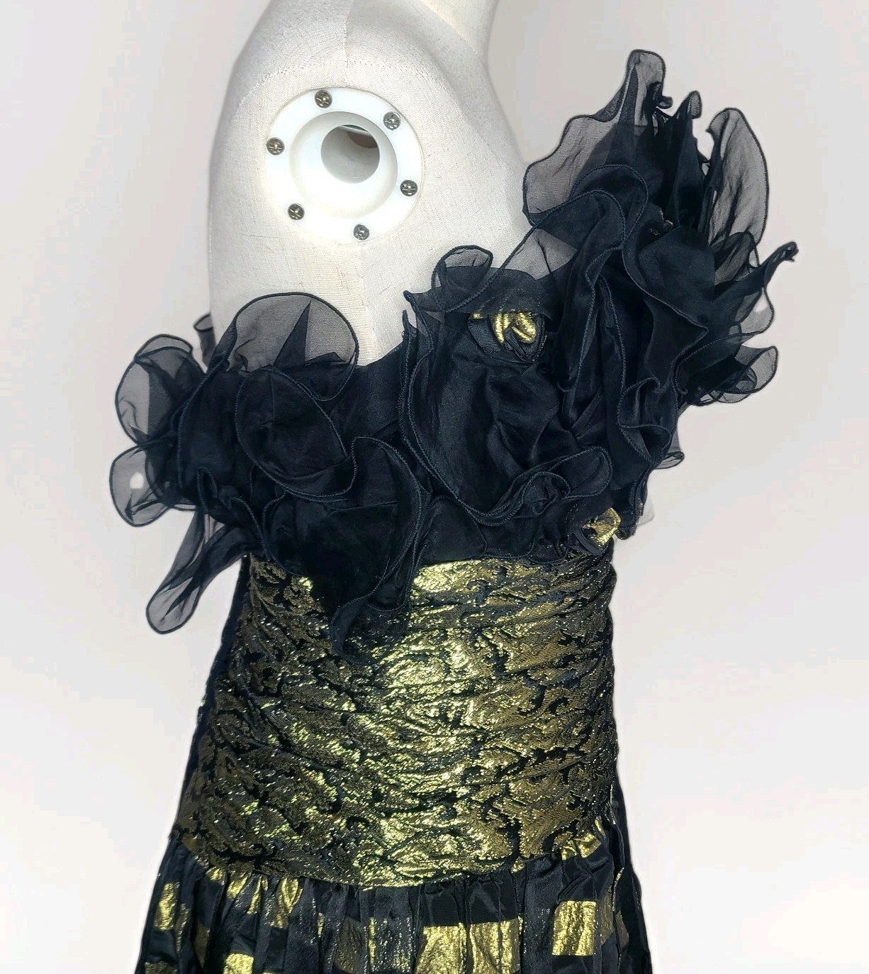 Vtg Eugene Alexander Black Gold Evening Formal Maxi Pleated Ruffle Top Dress 4