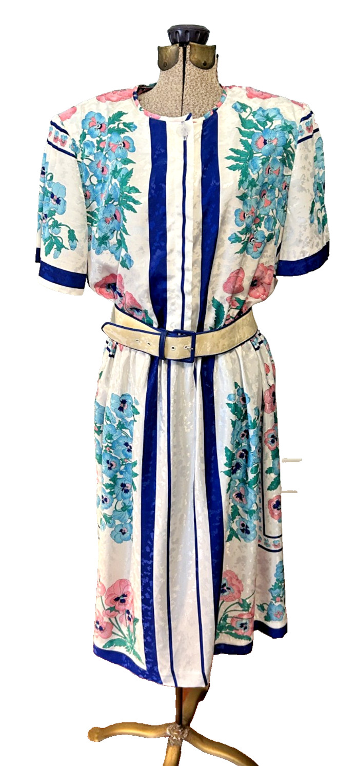 Silky Garden Pansy Print Calif Designs Dorothy Samuel 1980s does 40s Dress M