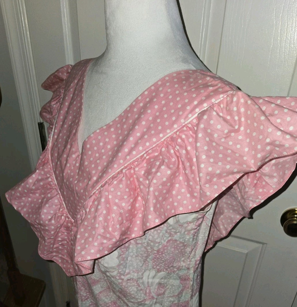 Vtg. Hilda Hawaii Maxi Dress Pink Teal Floral Polka Dot Hawaiian Muumuu 39 Chest