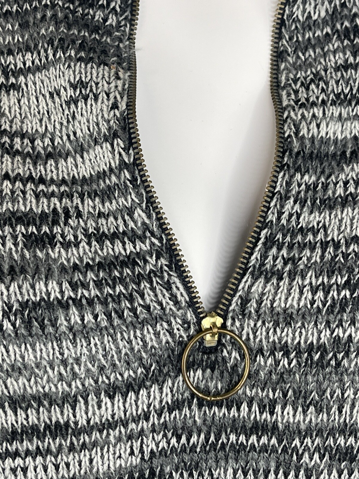 Vintage 70s Mod Marled Gray Acrylic Tunic Sweater Ring Pull Half Zip Pockets M/L