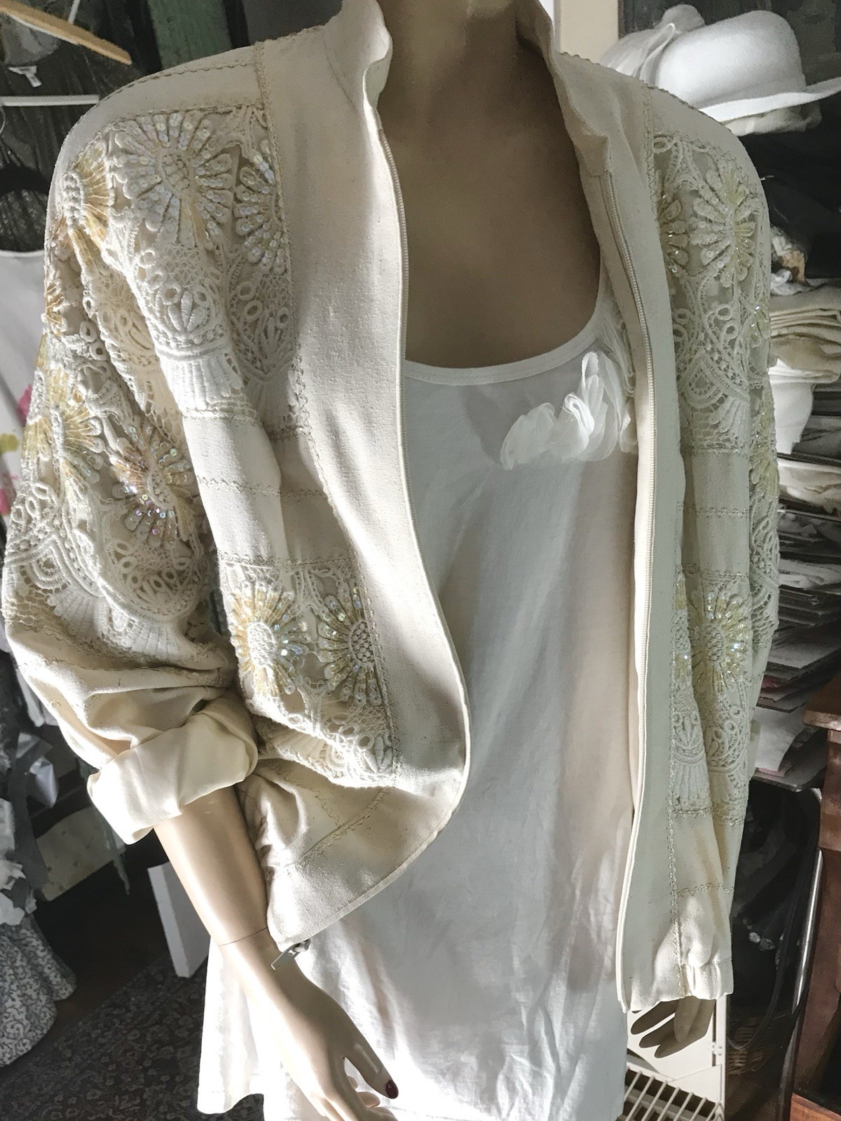 Vintage 80’s Lim’s Zip-Up Sequin & Lace Over 100% Silk Jacket Size Small