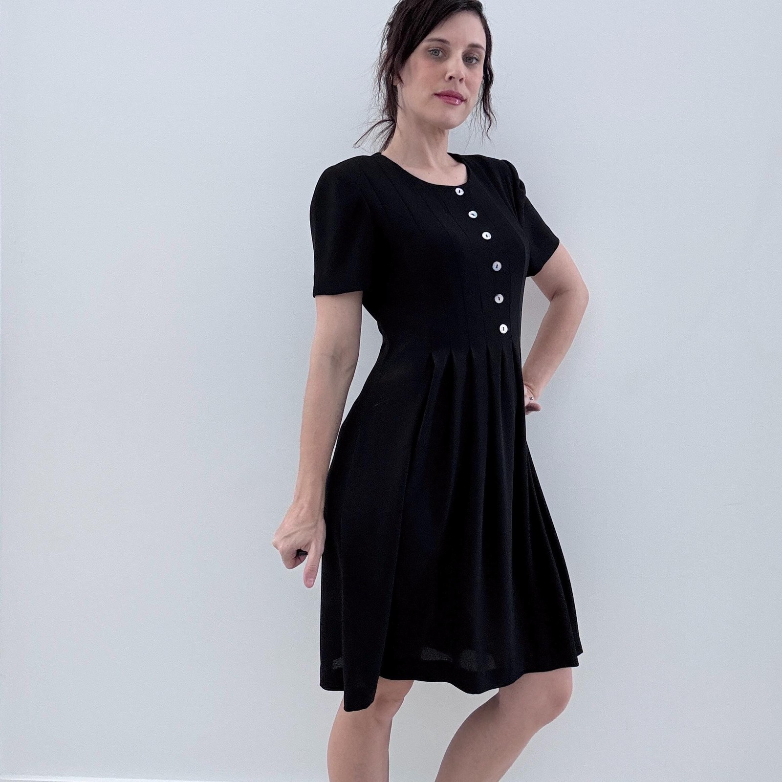 Vintage 90s Black Mini Dress 6 Button-Up Short Sleeve Fit & Flare Shirtdress