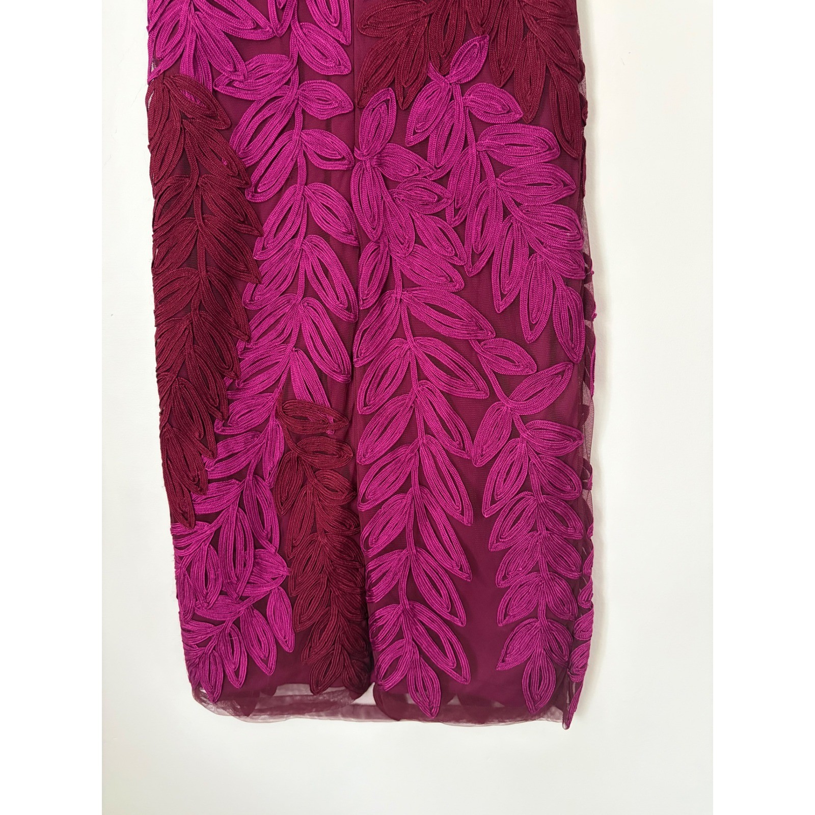 JS Collection Hot Pink Plum Soutache V-neck Midi Dress Leaf Embroidery size 4