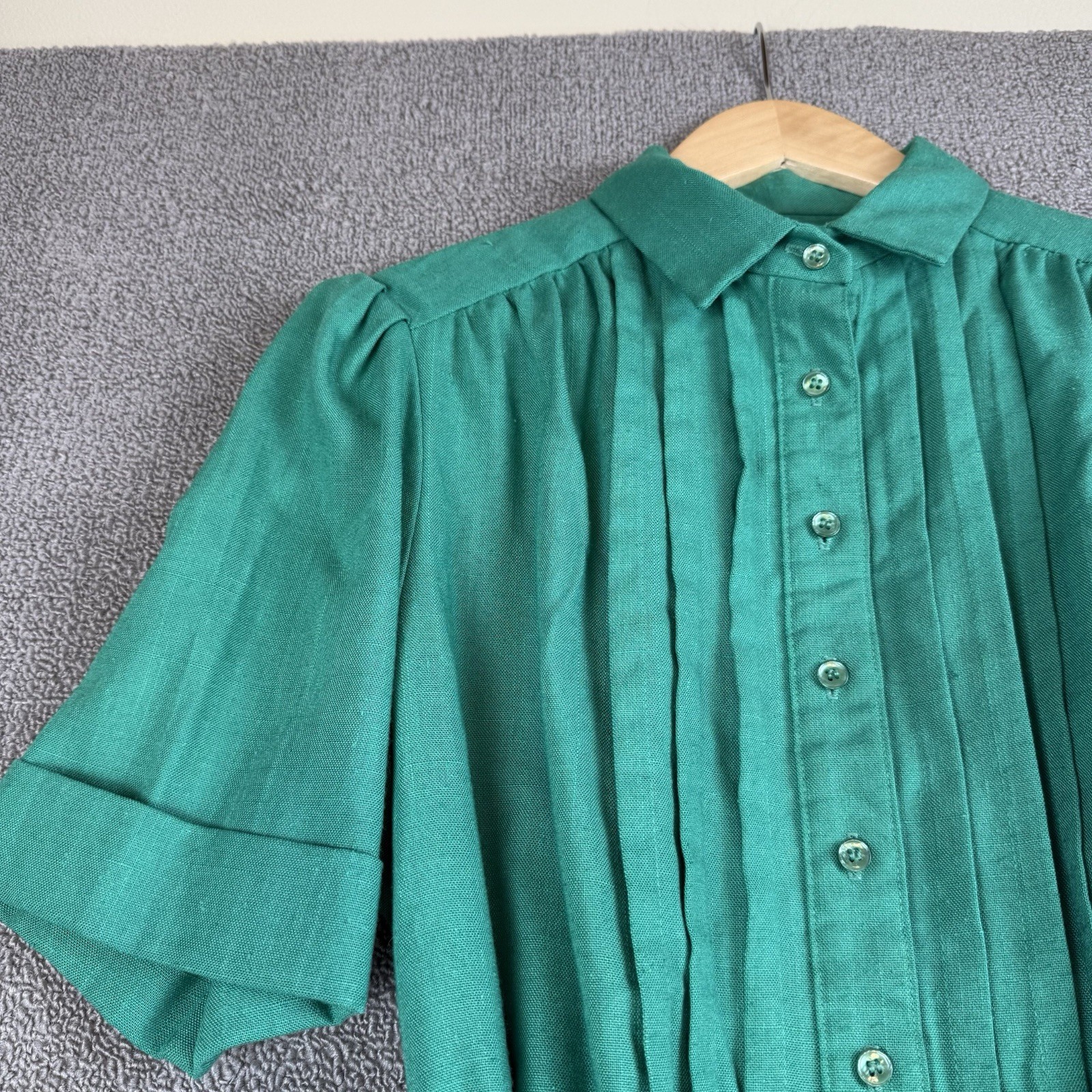 VTG 70s Schrader Sport Green Shirtwaist Dress ILGWU Union Made Pleated Sz 12