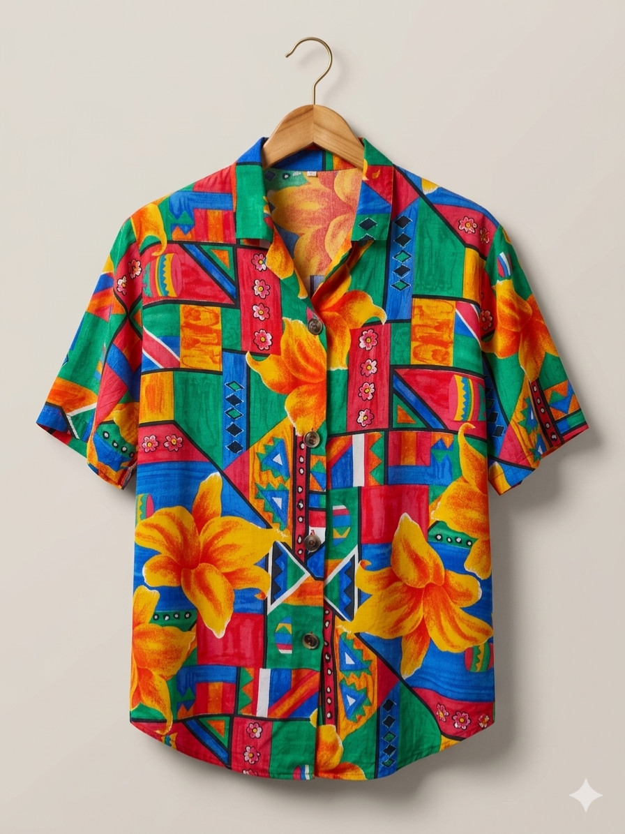 Vintage 80s 90s French Colorblock Shirt Abstract Floral Viscose Blouse France