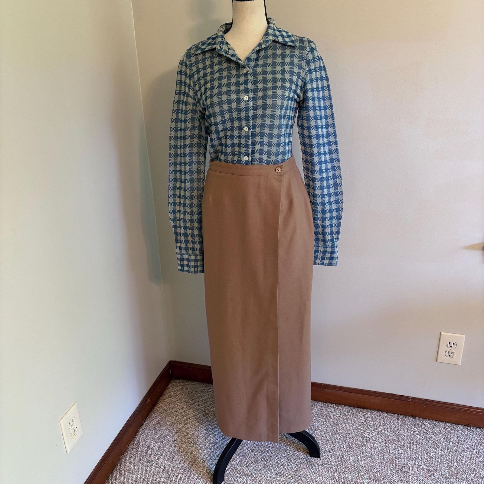 Vintage SISLEY Camel Italian Virgin Wool Wrap Maxi Skirt, 90s Minimalist, Size 6