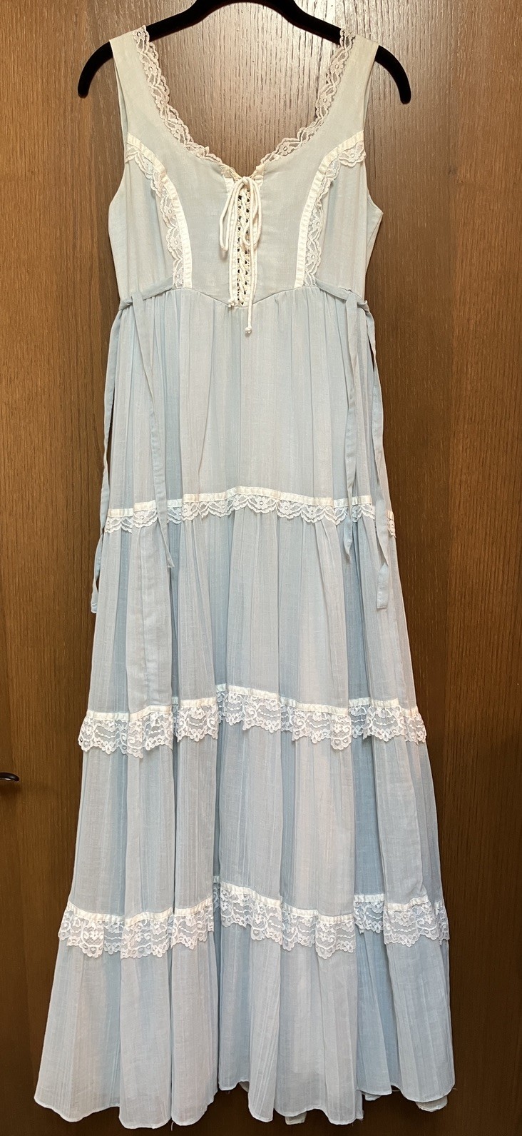 1980 Gunne Sax Light Blue Voile Corset Lace Tiered Maxi Dress Party Wedding Sz 7