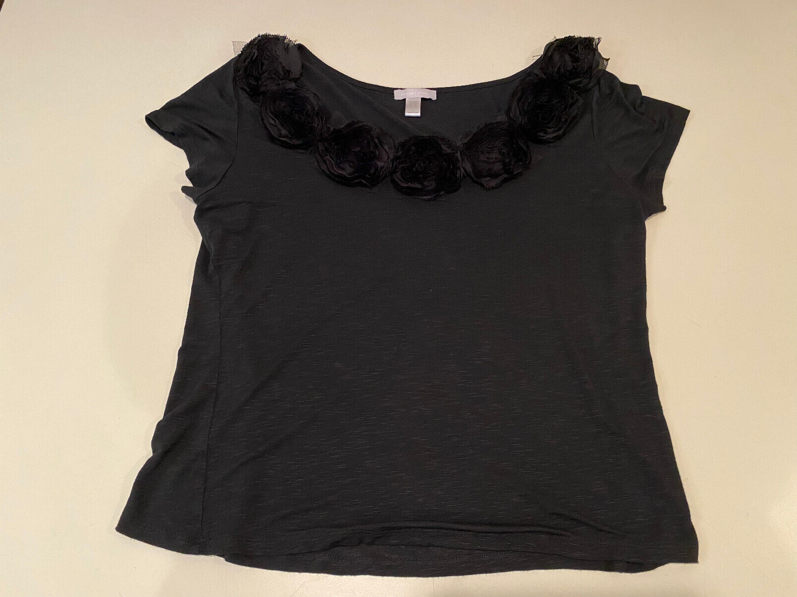 Vintage Forever Fashion Black Polyester & Spandex Top w/Black Rose Decoration -L