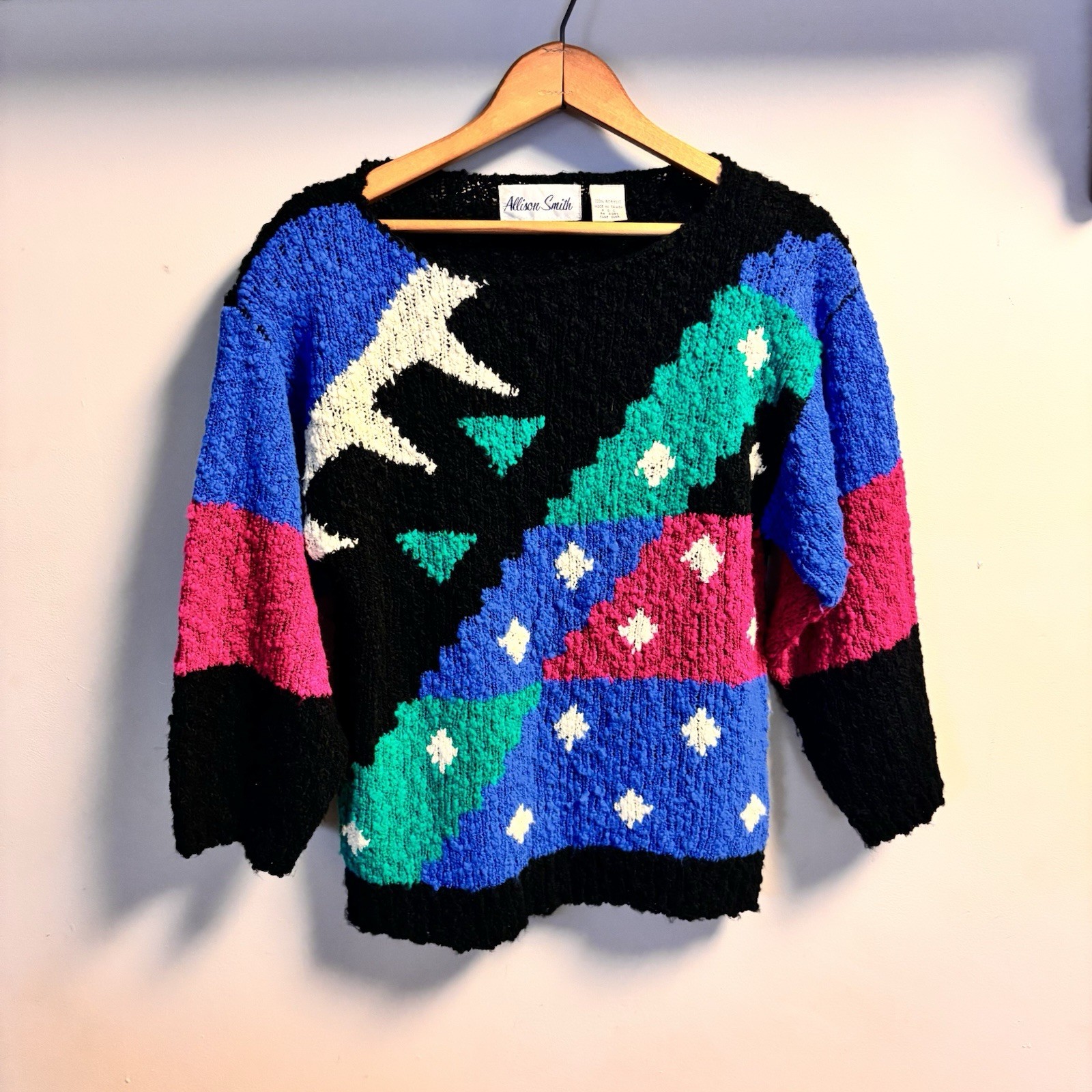 L 80s Bold Colorblock Knit Sweater Abstract Acrylic Taiwan