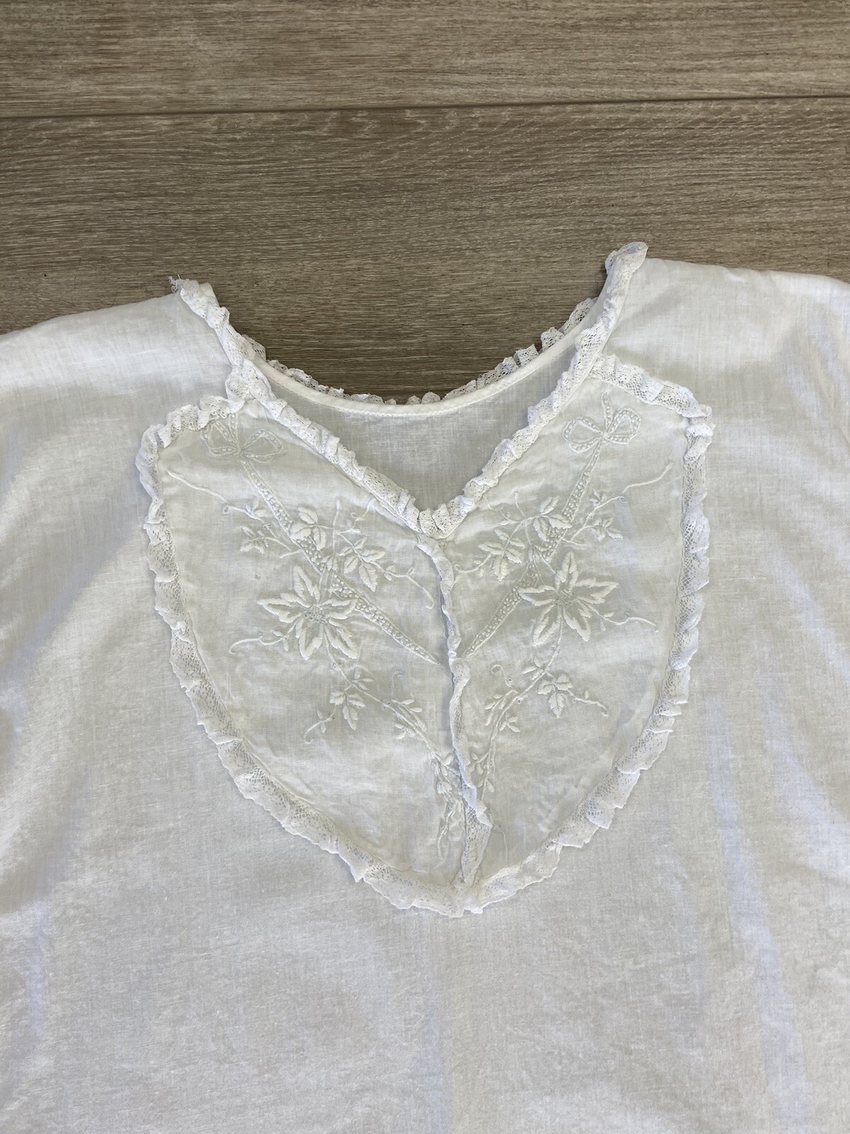 Antique Edwardian White Cotton Slip Dress or Night Gown Embroidery and Lace Trim