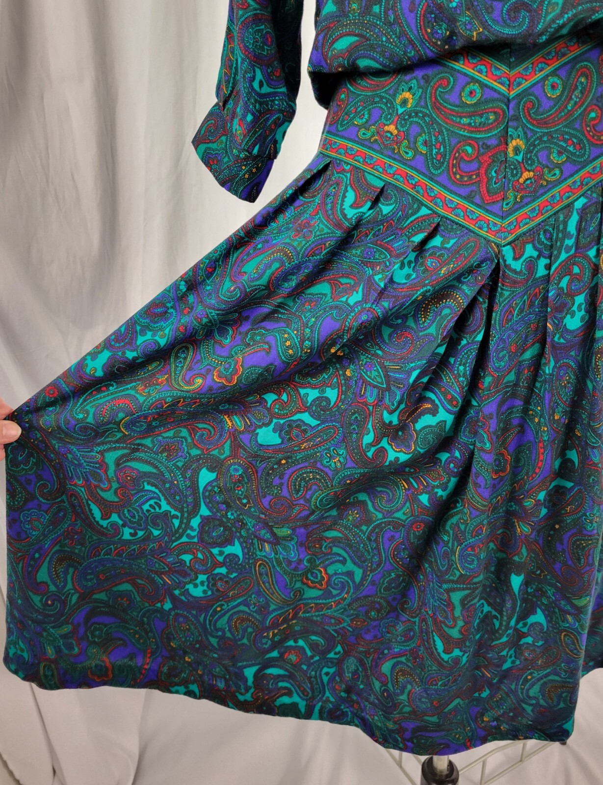 Vintage VLP Petites Green & Purple Paisley Blouson Secretary Dress SIze 8