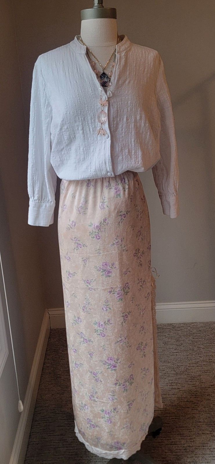 Vintage Floral Lace Trim Half Slip Skirt Beige Purple Green 36in XL