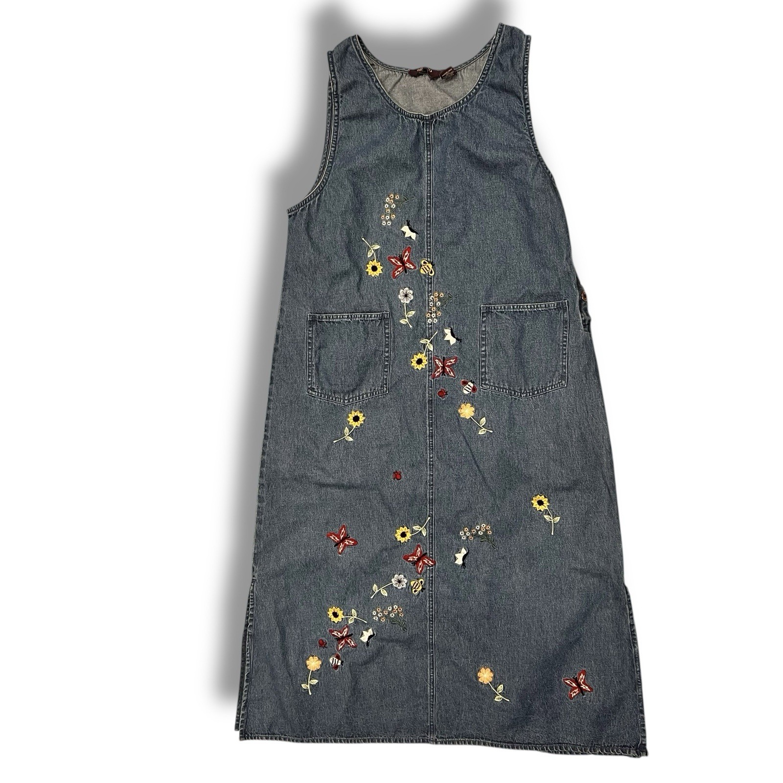VTG 90s AGAPO Jumper Dress SZ L Denim Embroidered Flowers Butterfly Pocket A-6