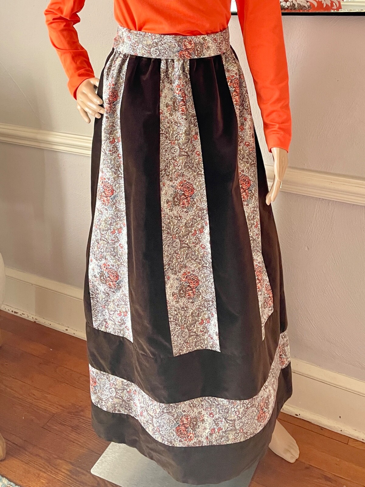 1970s Mr Hank Vintage Set, Velvet Patchwork Maxi Skirt, Cowl Neck Top, Size S