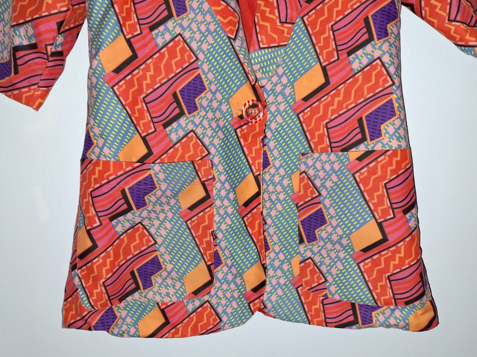 Vtg 80s Jacket Geo Print Long Blazer Red Yellow Purple Teal Femina