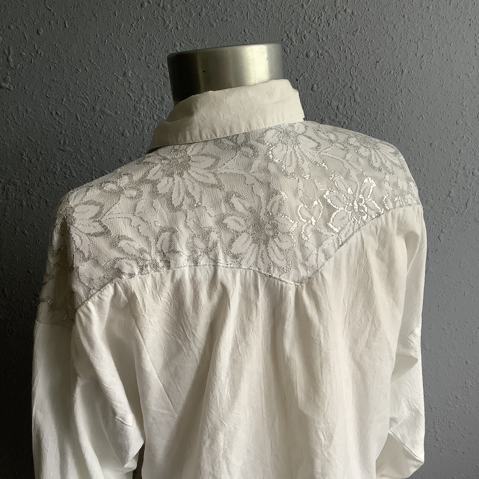 Vintage 80s Lilia Smitty White Long Sleeve Western Lace Metallic Bib Shirt MED