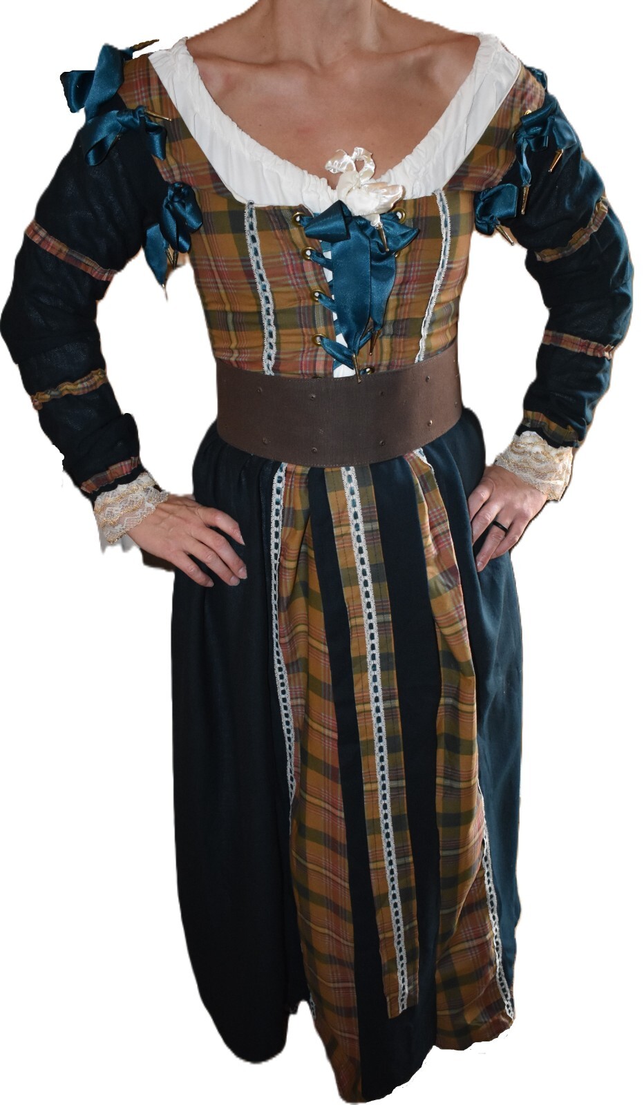 Custom Vintage Peasant Dress Turquoise, Tan with Satin Ribbons and Sleeves