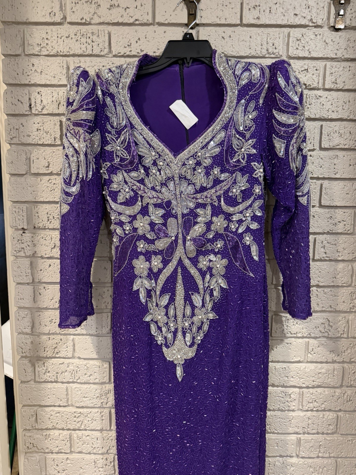 80S Vintage Sequin Imports 100% Silk Purple And Silver Beaded Ball Gown. READ
