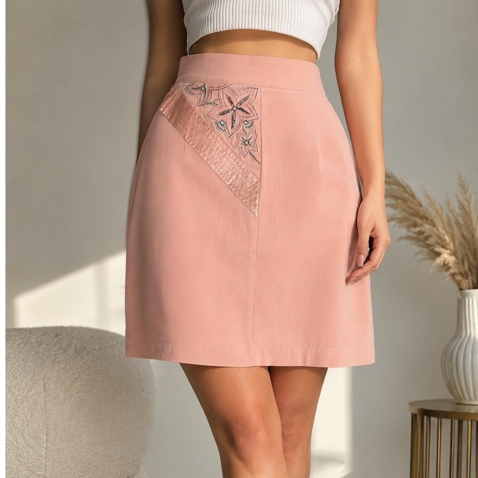 Vintage Lillie Rubin 100% Silk Peach Pencil Skirt Embroidered Floral XS