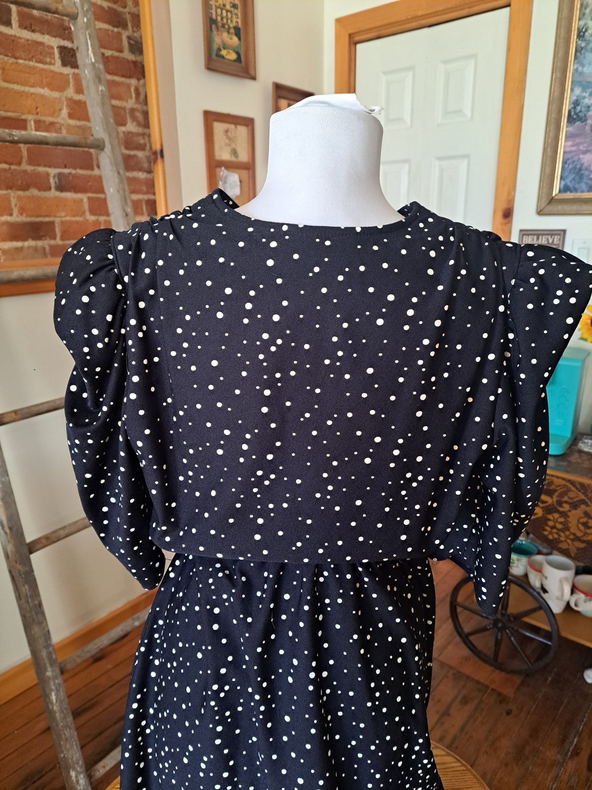 VTG 70s JC Penney Fashions Black & White Polka Dot Below Knee V Neck Dress Sz L