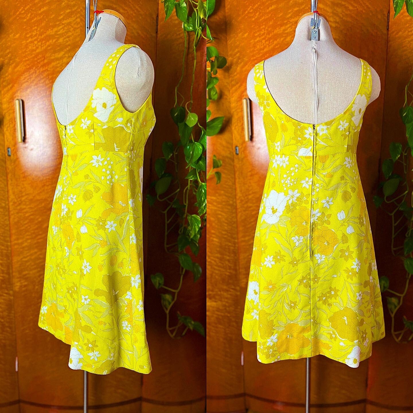 YELLOW LINEN 60s 1960’s Vintage Mod Floral Mini Shift Go Go Dress Sundress S M