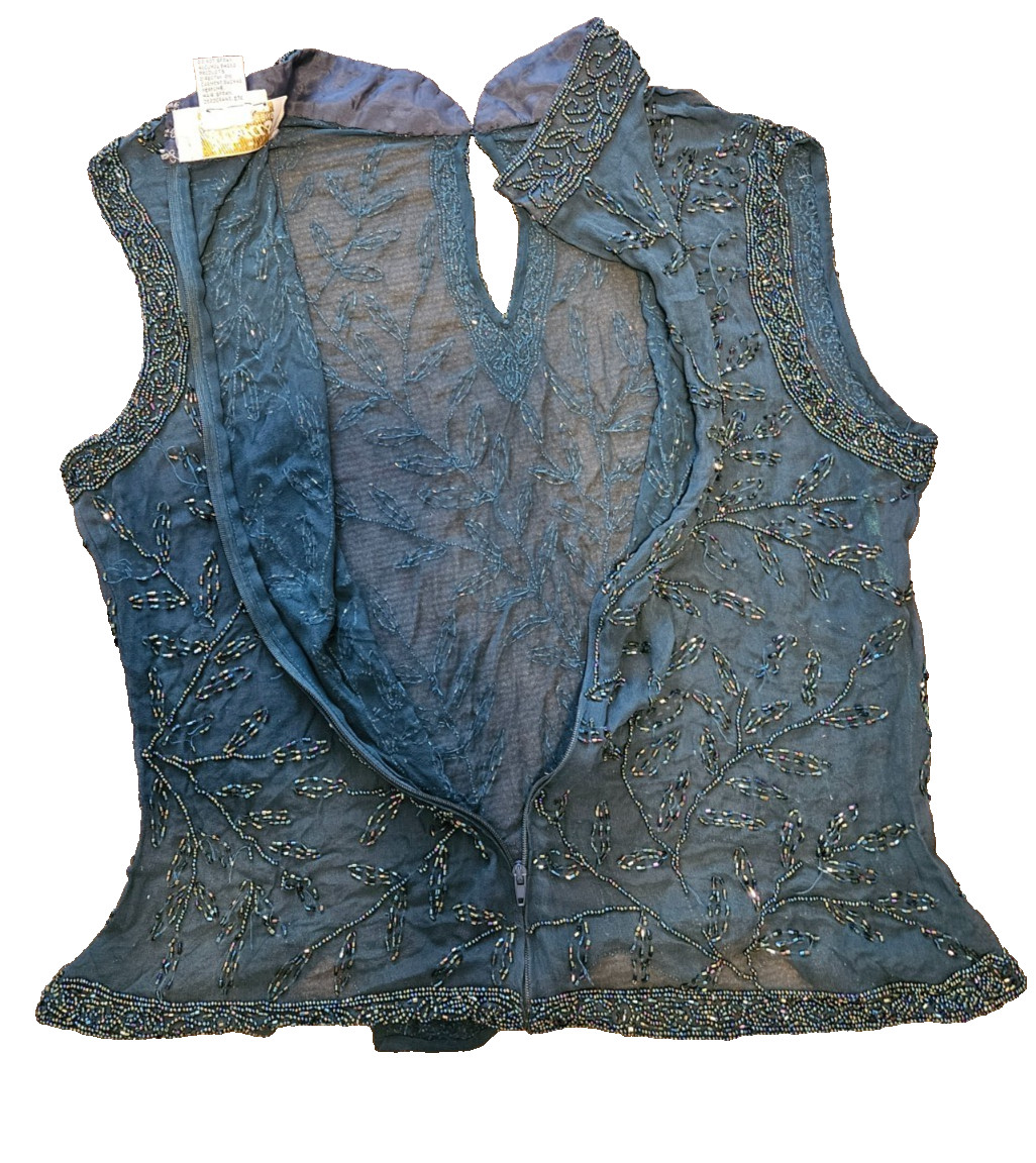 Jasjas Designs New York VTG Women’s Silk Beaded Sleeveless Sequin Top GRN Size L