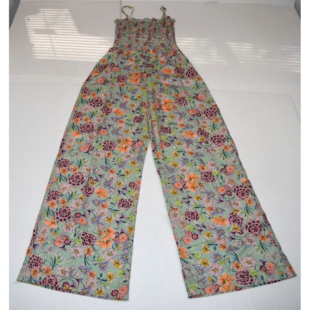 Vintage Jumpsuit Pale Green Size S/M 90s Ruched Bodice Pink Spring Flowers Sheen