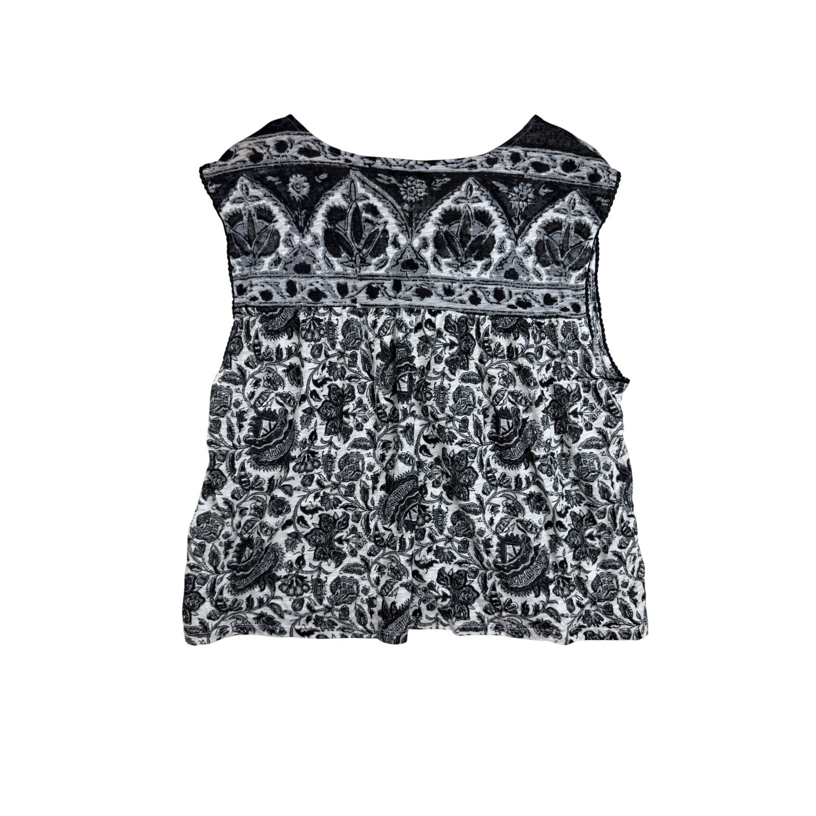 Lucky Brand Boho Paisley Print Peasant Tassel V-neck Top size XL Black/White