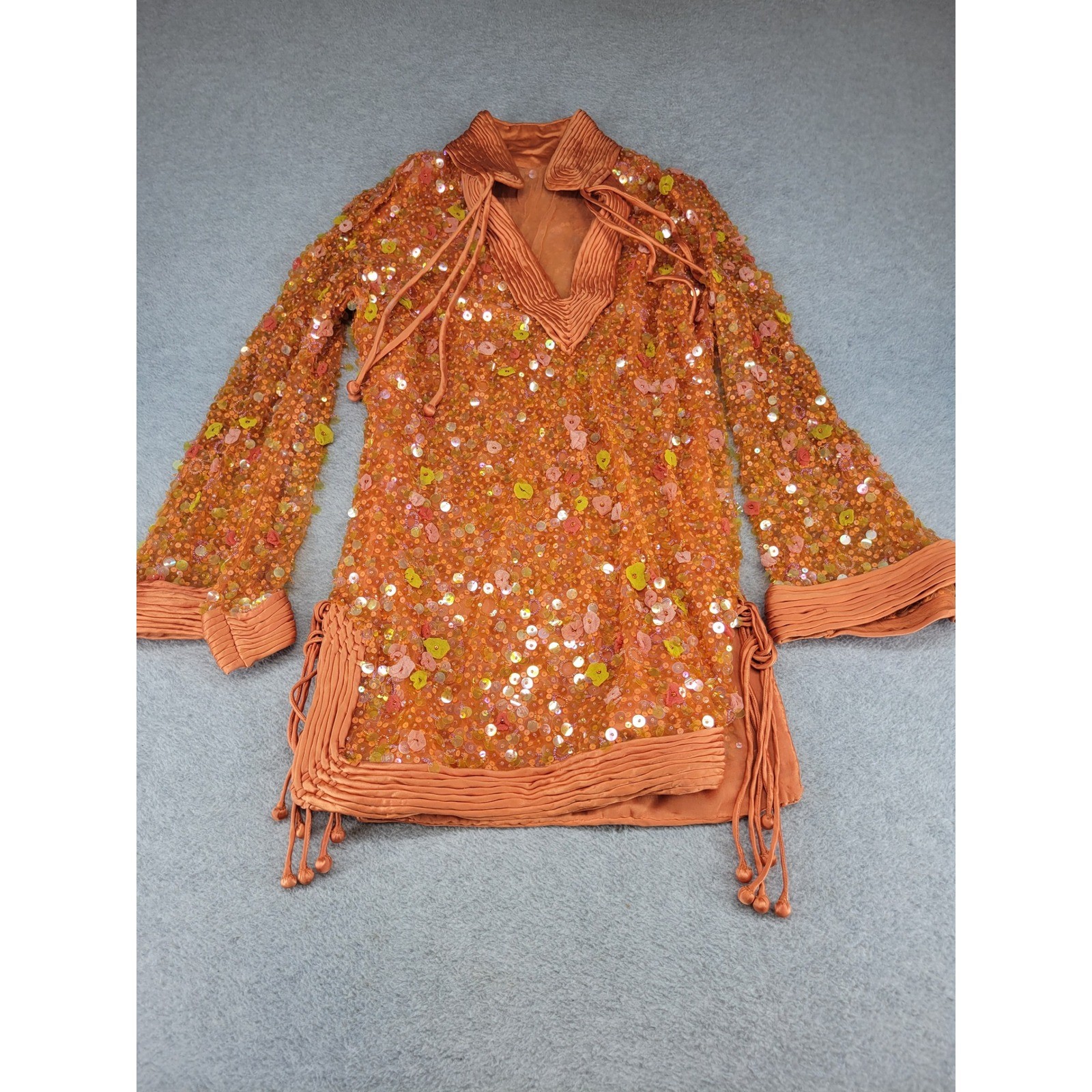 Vintage Silk Sequin Tunic Dress Orange Floral Beaded Tassel Boho Womens Size 16