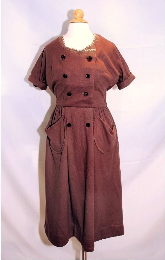 Vintage 1960’s Helen Whiting Brown Wool Day Dress Button Front XS/S Swiss Miss