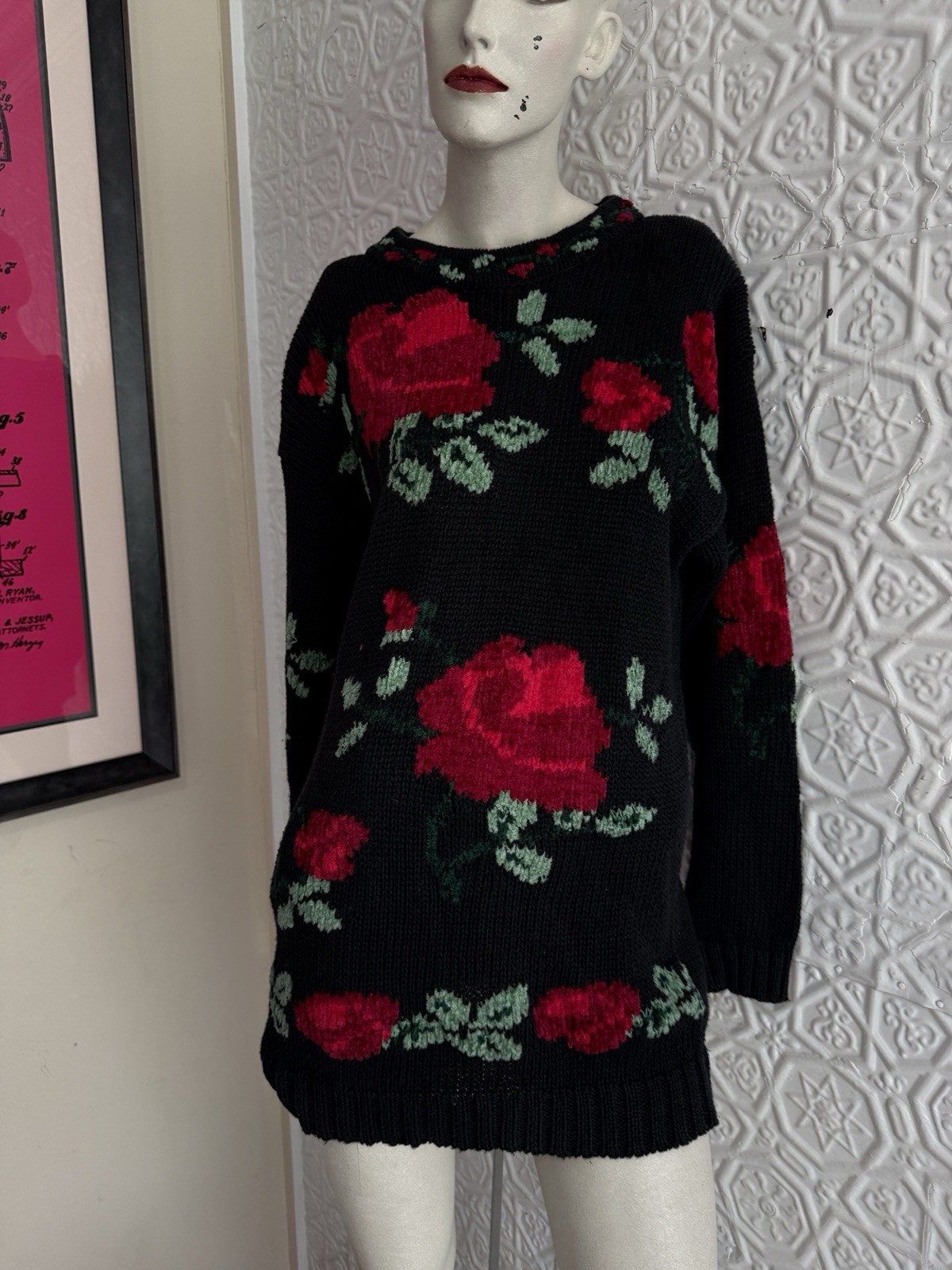 vintage 1980s/90s black floral intarsia sweater chenille cotton roses oversize M