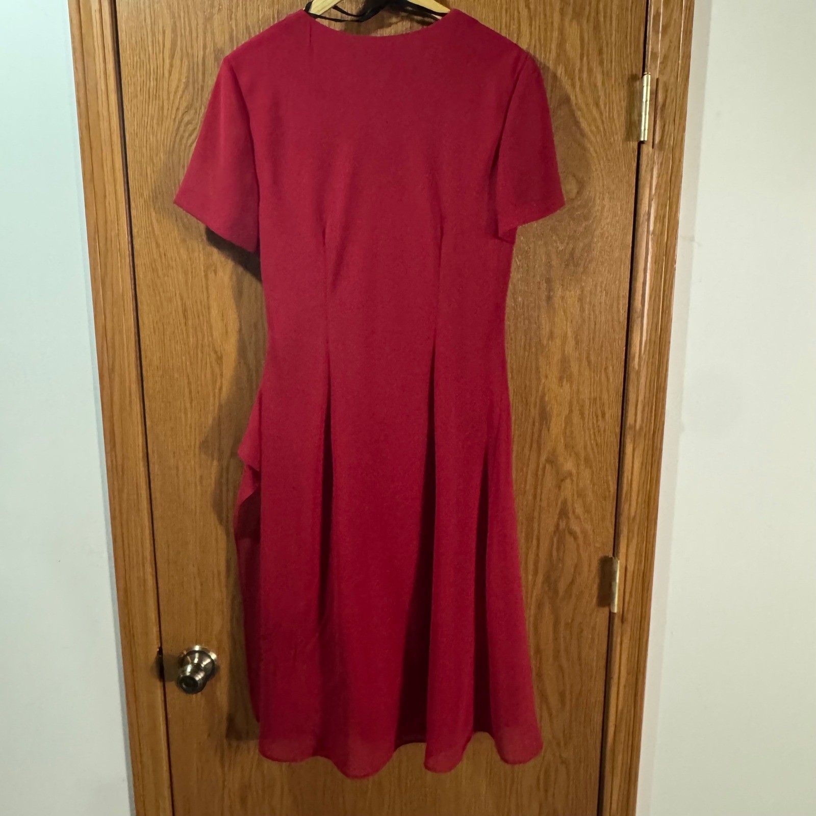 Vintage JBS Ltd Red Faux Wrap Chiffon Midi Dress Womens 12 Short Sleeve 932282