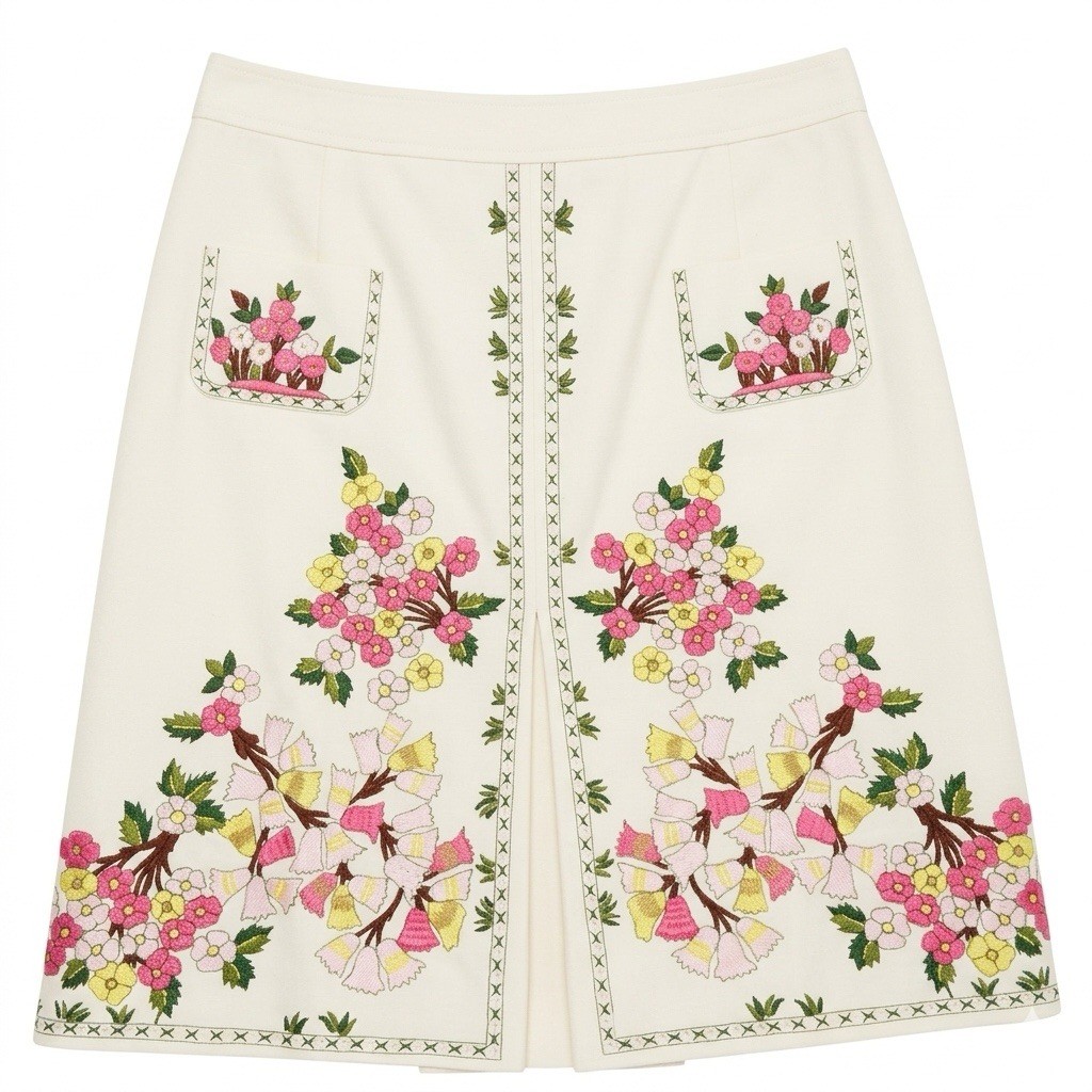 Vtg 70s Embroidered Heavy Cotton Skirt A-Line Box Pleat Vested Gentress Style