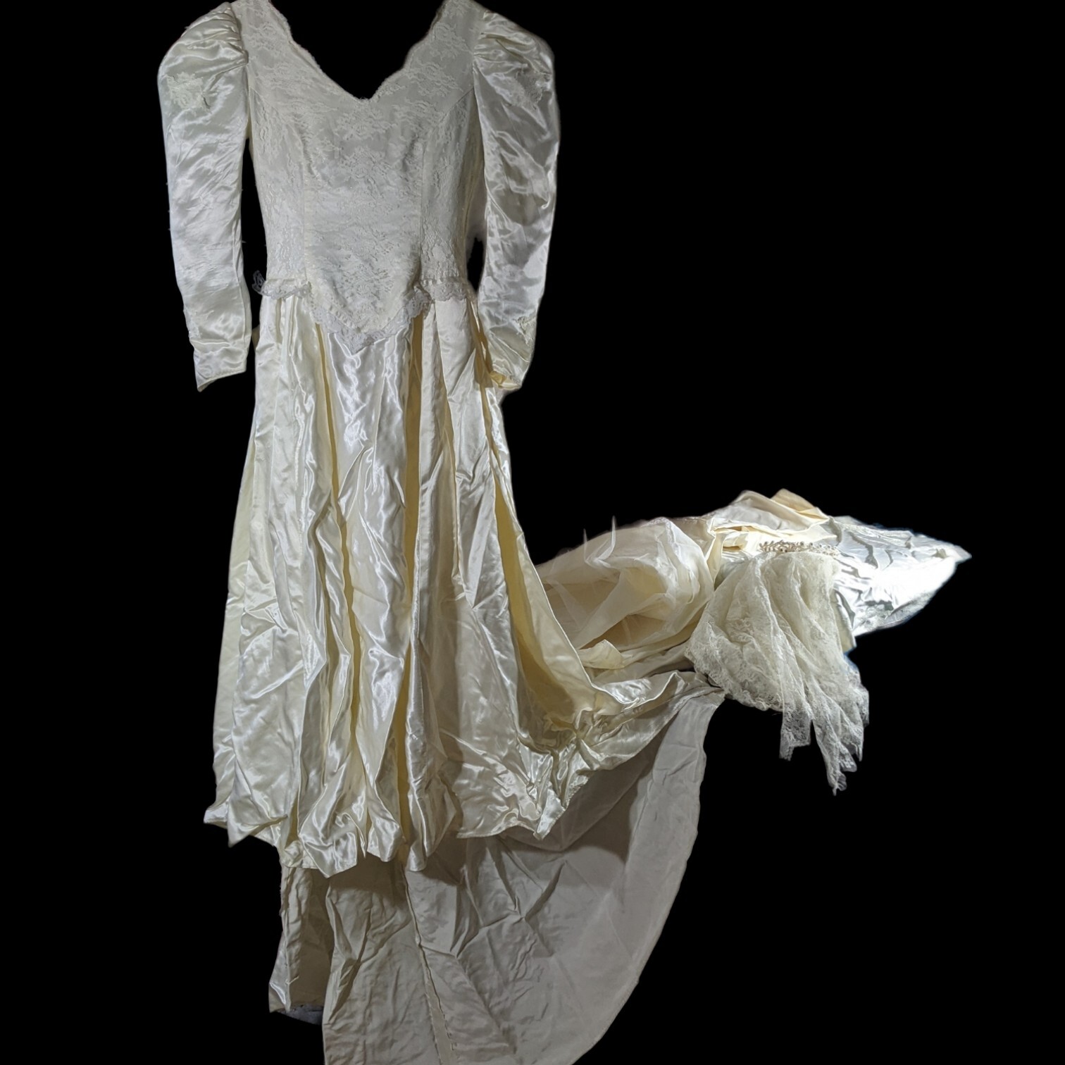 Vtg Wedding Dress 2 Trains S/M Cream Satin Lace Veil Tulle Slip Puff Long Sleeve