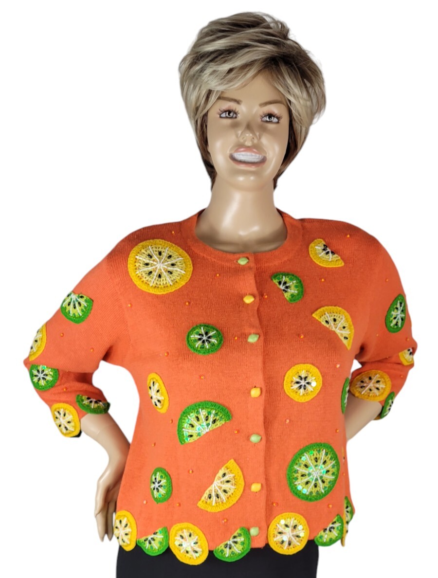 Vtg Design Options By Philip & Jane Gordon Orange Lemon & Lime Cardigan Sweater