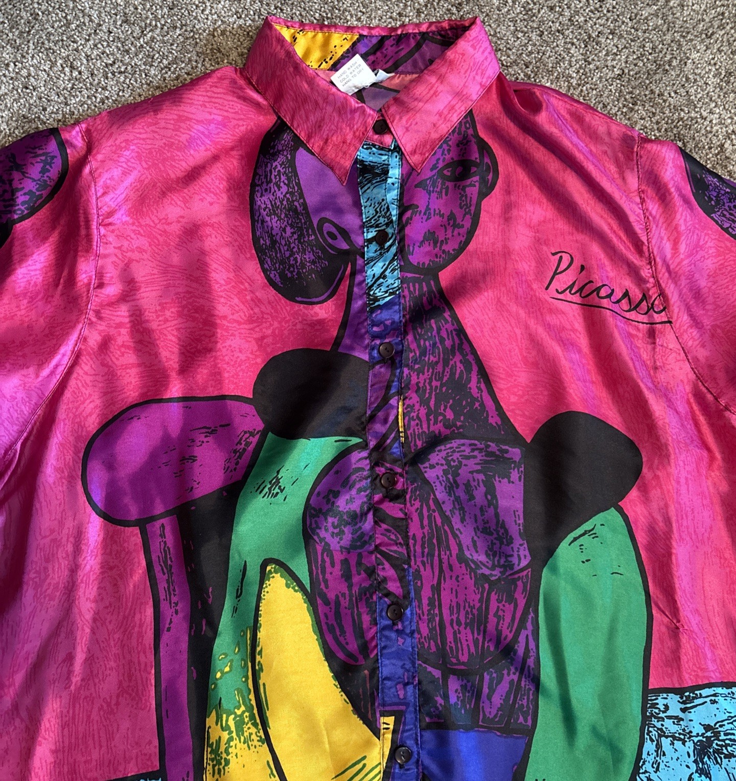 1980s Picasso Long Sleeve Shirt Bright Colors Abstract Art Shoulder Pads