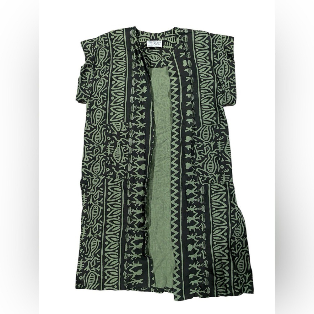80s Vintage Fixsun Casual Open Front Oversize Black and green Tribal Print Dress