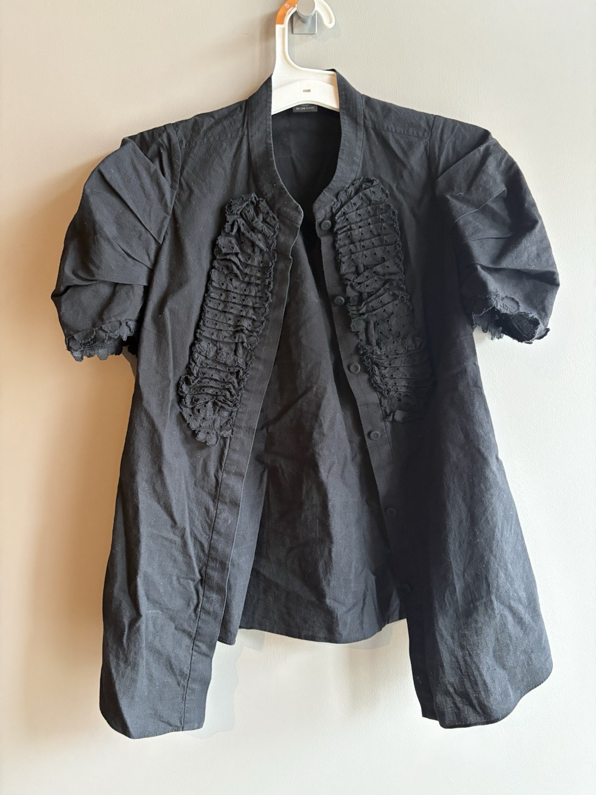 Vintage VIVIENNE TAM Black Rusched Lace Bib Tuxedo Style Shirt Puffy Sleeve Y2K