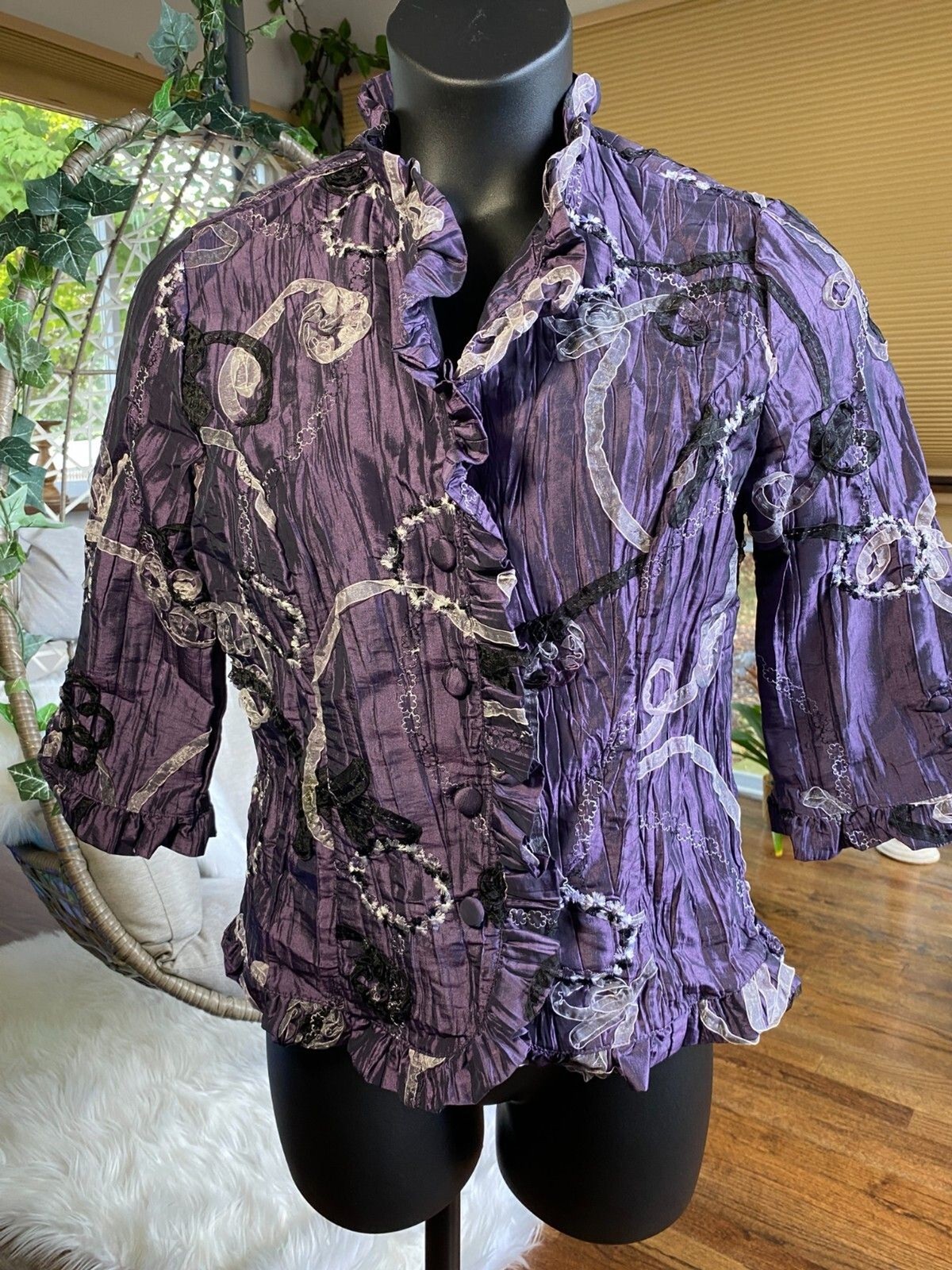 Dress Barn PURPLE CRINKLED FRONT COLLARED JACKET RIBBON ACCENT BLAZER SZ L