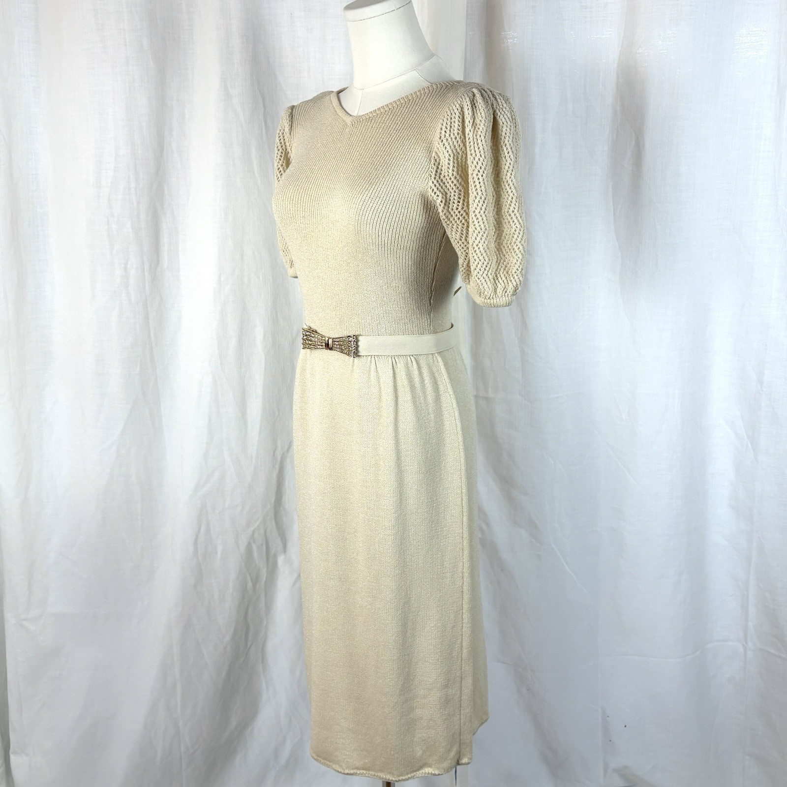 Vintage 80’s St. John Knits Cream Sweater Dress With Rhinestone Belt Luxury Sz 8