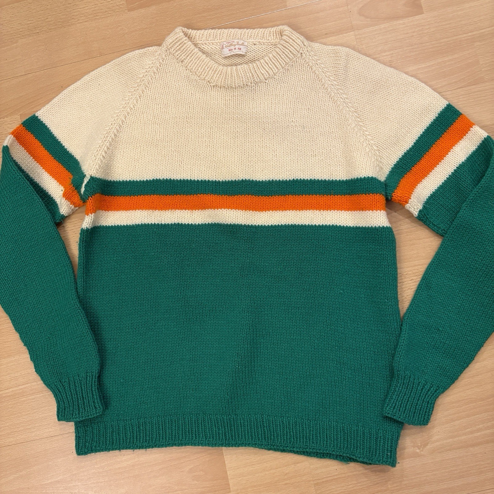Hand Knit Pullover Sweater Jumper Handmade Bold Stripe Green Size M VTG 90’s Y2K