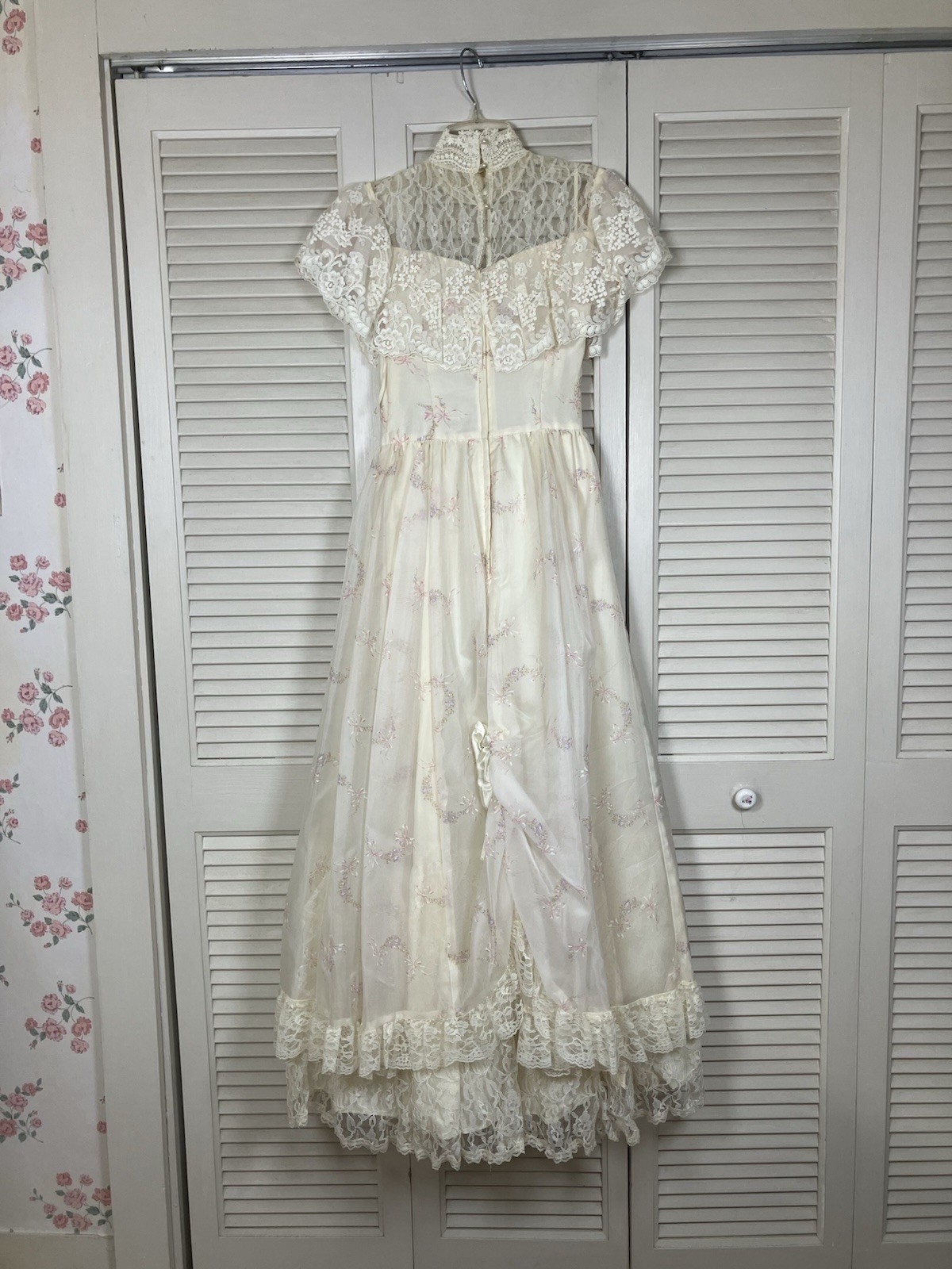 VTG Gunne Sax Wedding Dress Prairie Bows Ivory Lace Victorian Hoop Skirt Sz 5 Xs