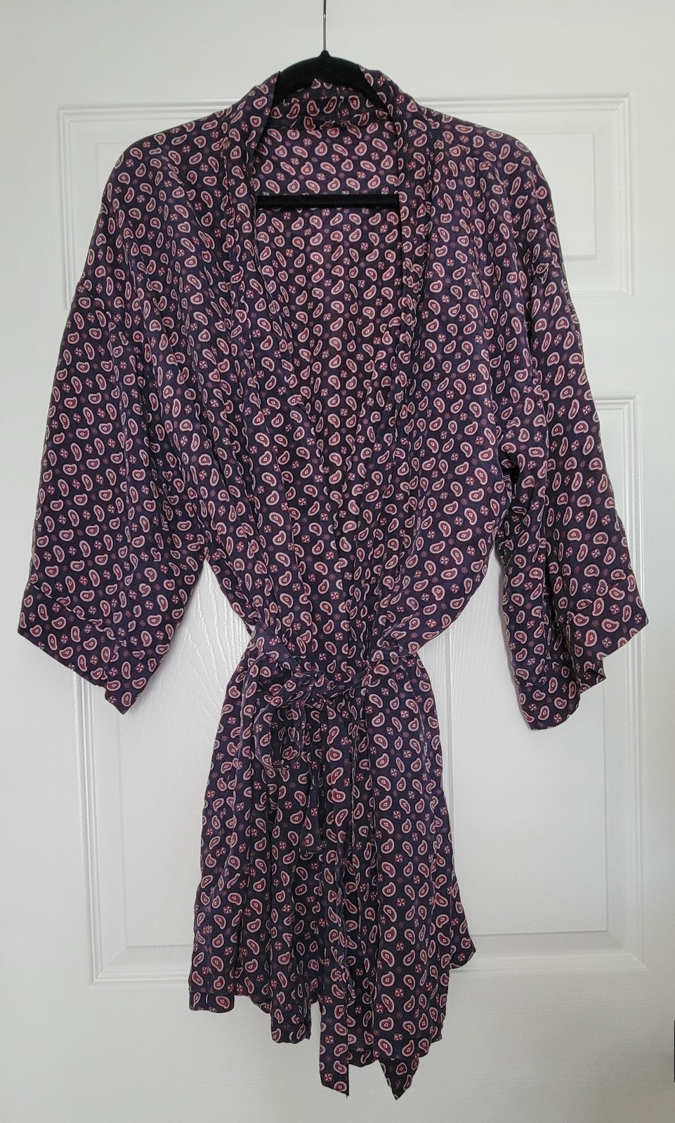 Vtg 100% Silk Mid Length Kimono Wrap Unisex Robe Paisley Print Blue One Size