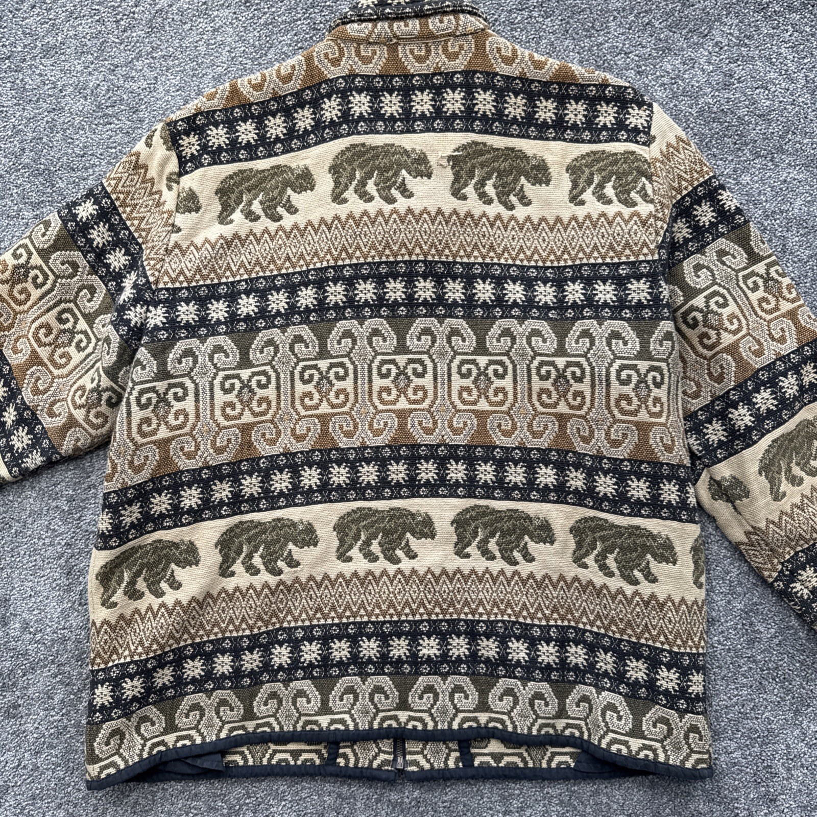 VTG Women 2X Tapestry Jacket Bear Flashback Woven Cabin Gorp Granny Core Sweater