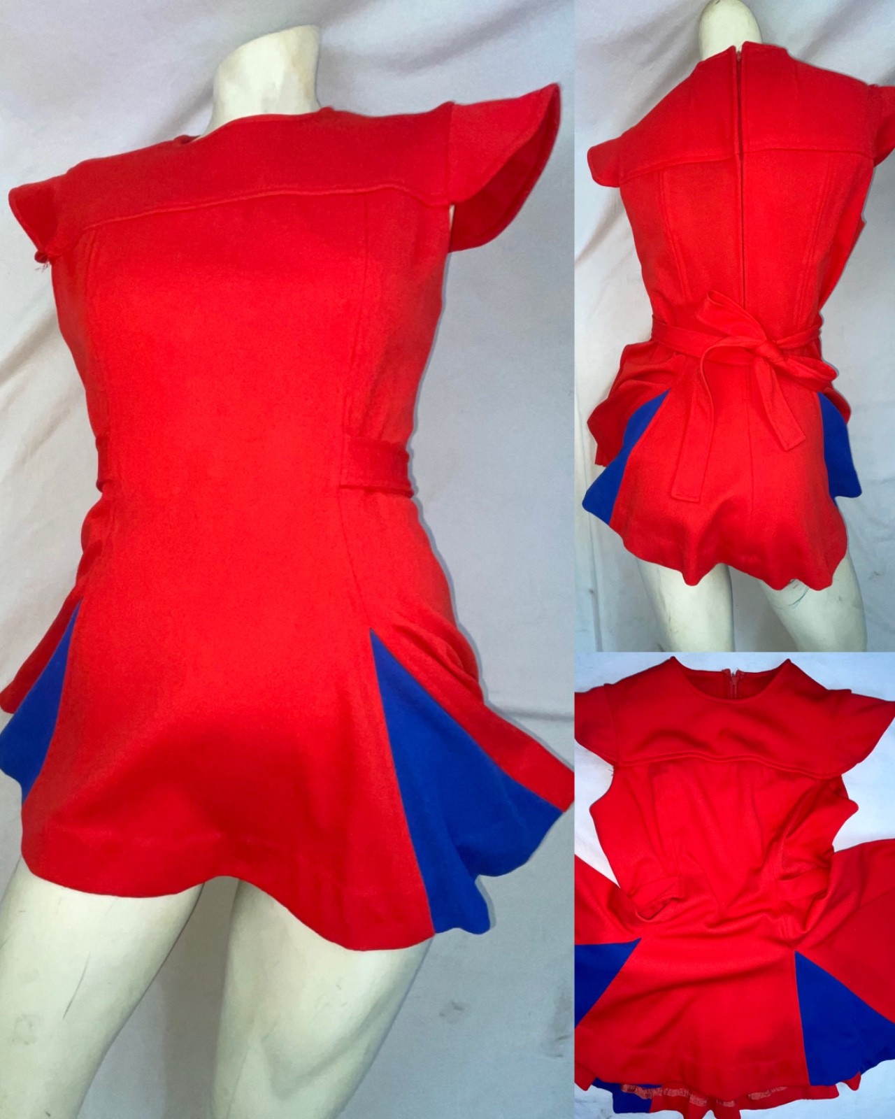 VTG 60S 70S WOMENS S MAJORETTE CHEERLEADER UNIFORM RED BLUE MINI DRESS